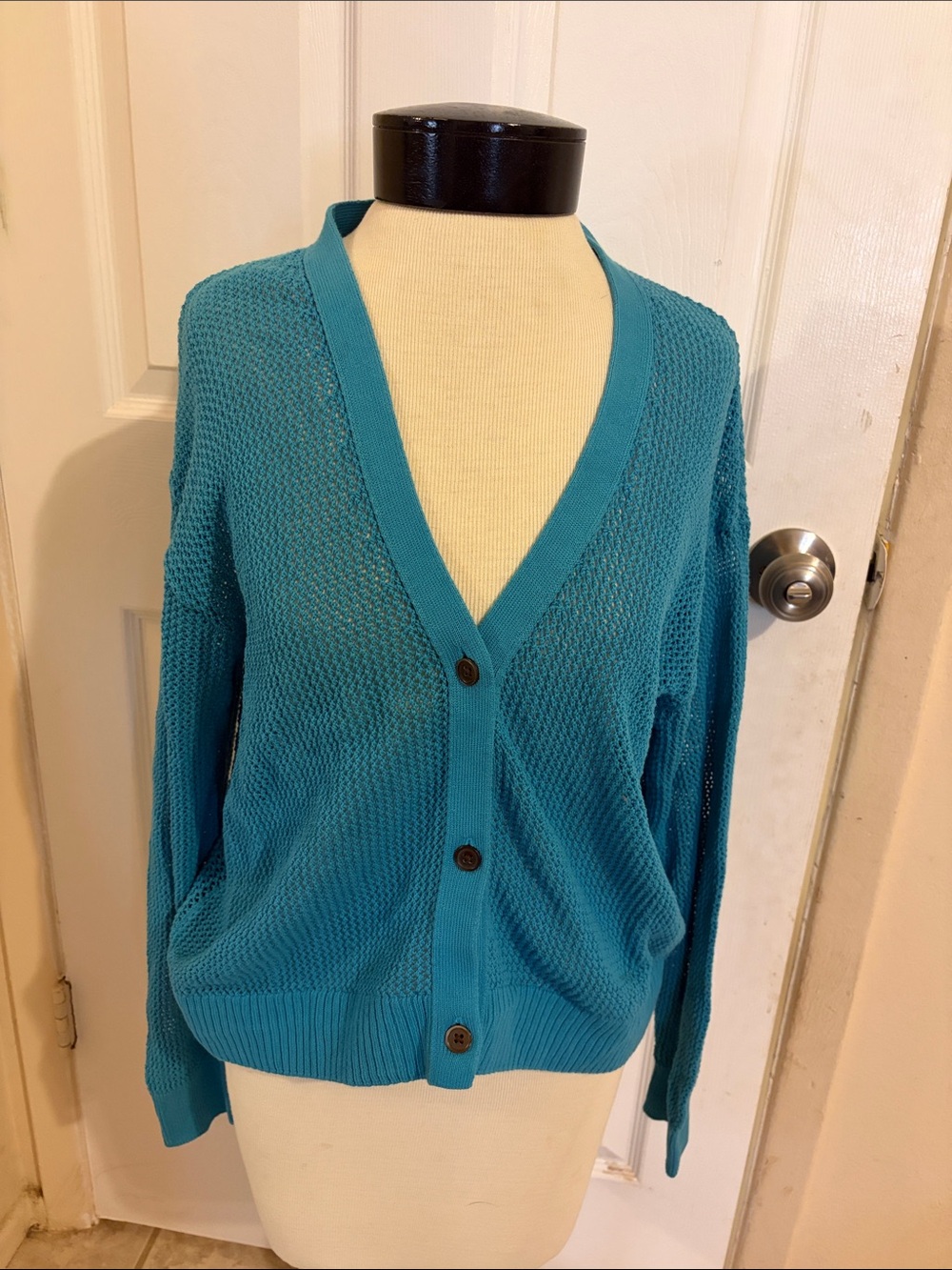 Vibrant Turquoise Uniqlo Mesh Knit Cropped Cardigan HOM 1024-A